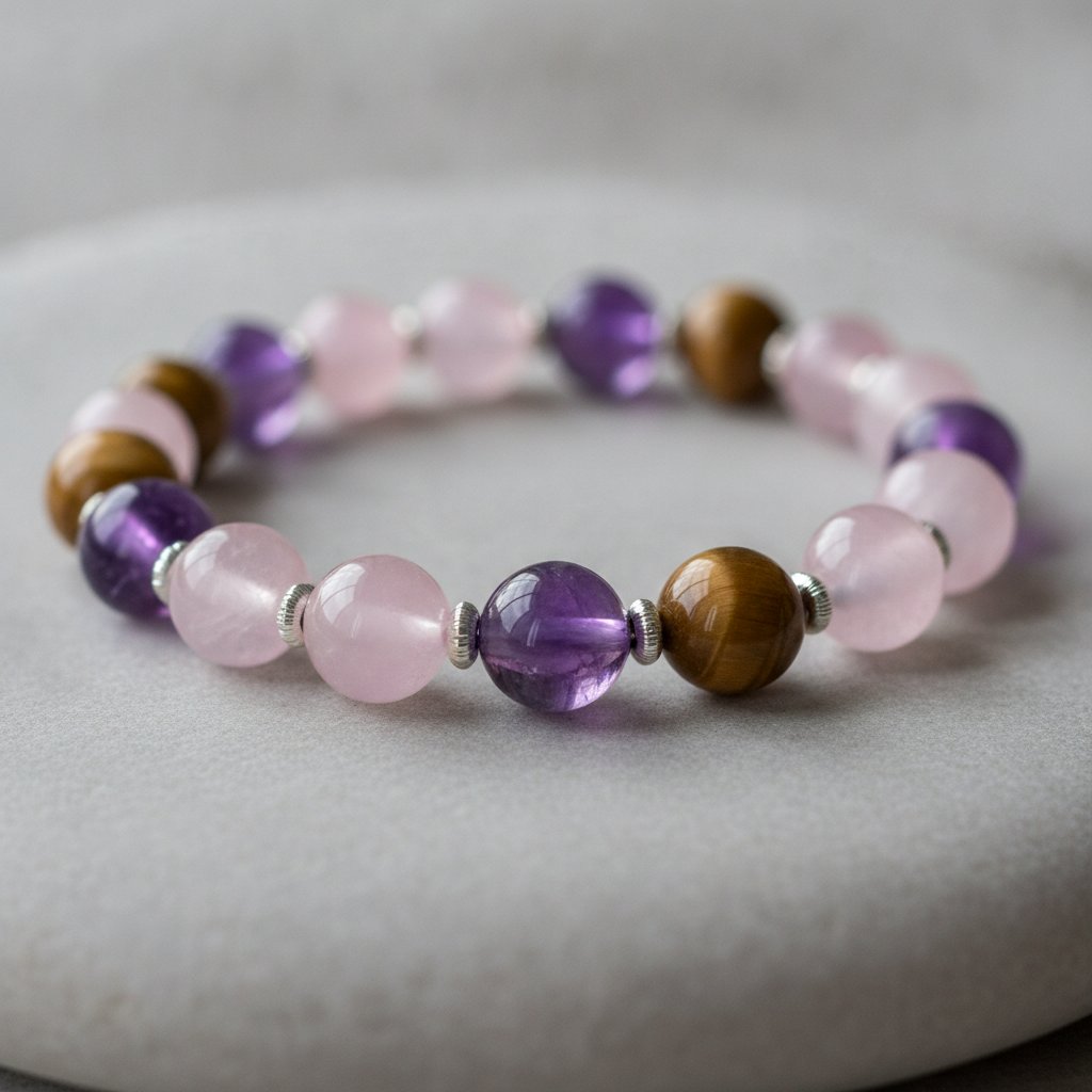 Bracelet en pierres naturelles aux perles polies d'améthyste, quartz rose et œil-de-tigre