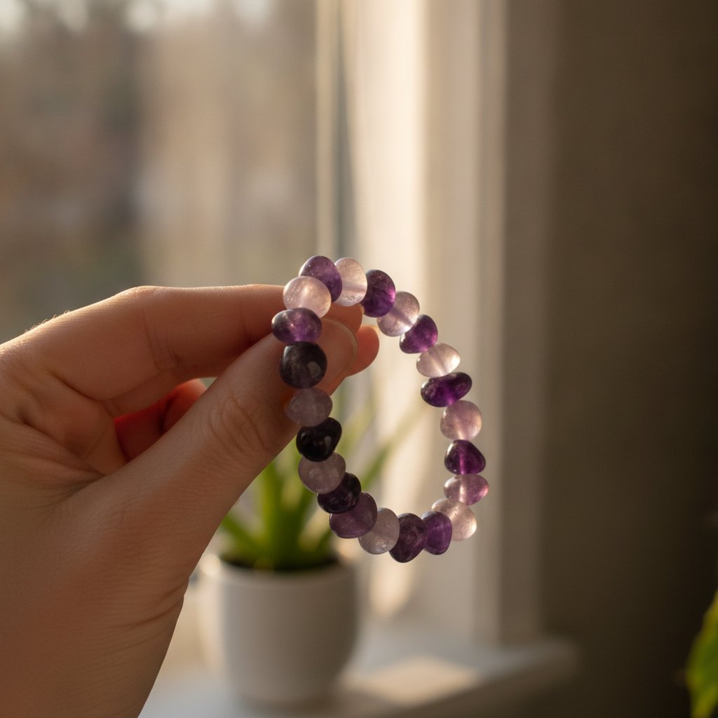 Main tenant délicatement un bracelet en améthyste naturelle près d'une fenêtre