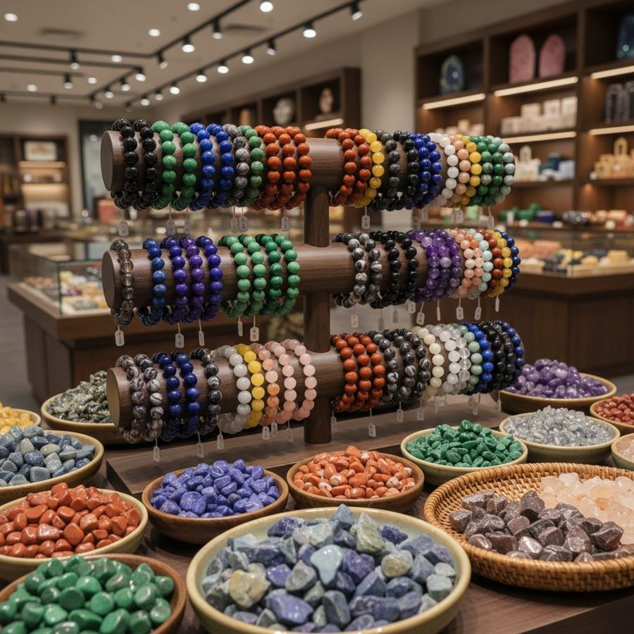 grossiste lithothérapie bracelets pierres naturelles en vrac sur présentoir professionnel