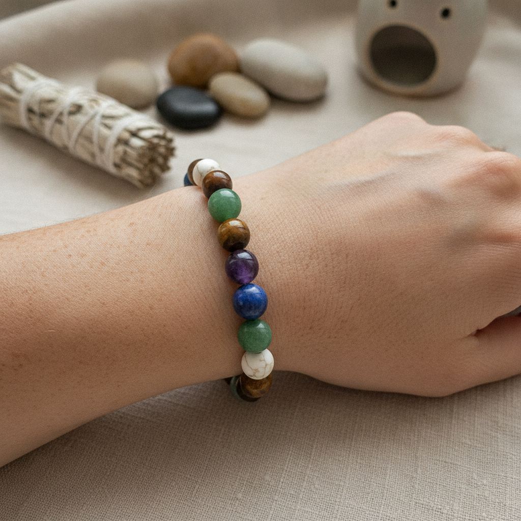 bracelet de perles en pierres naturelles porté au poignet