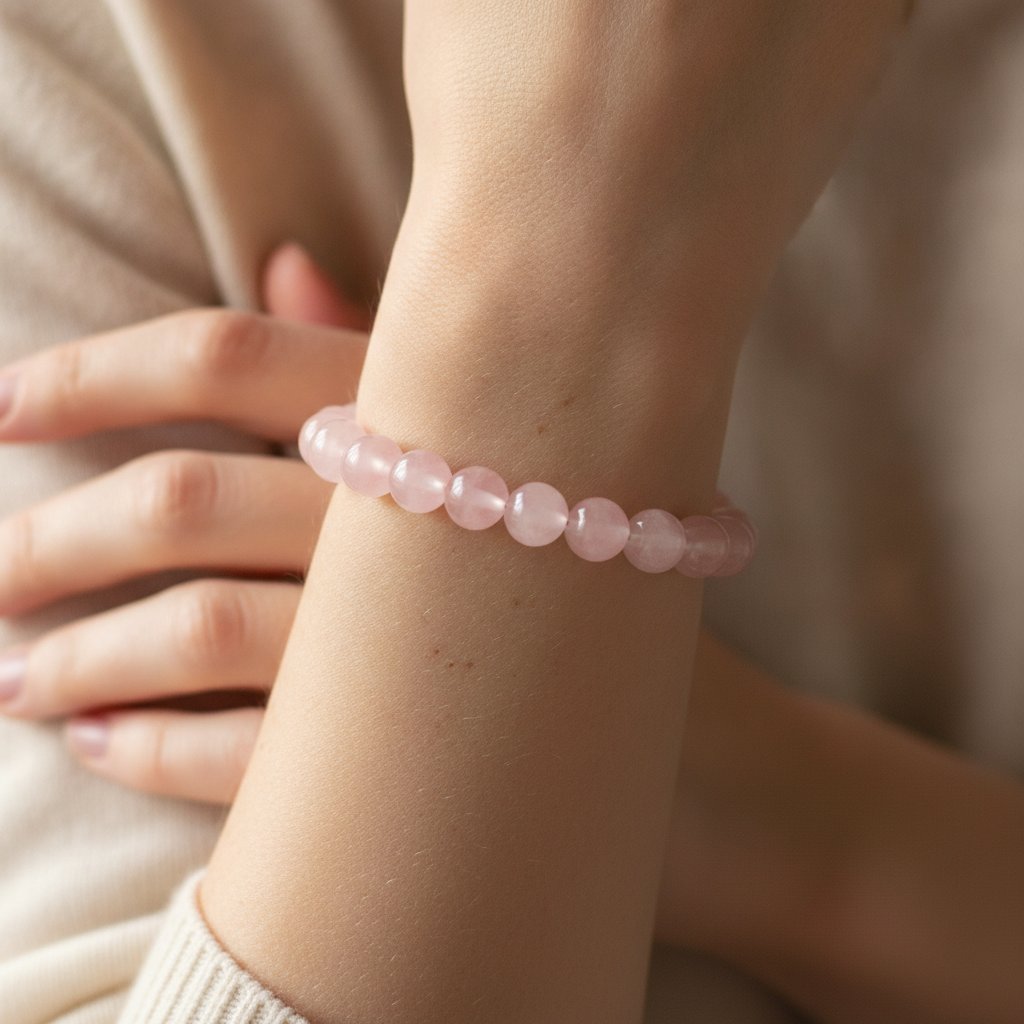 bracelet en quartz rose au poignet