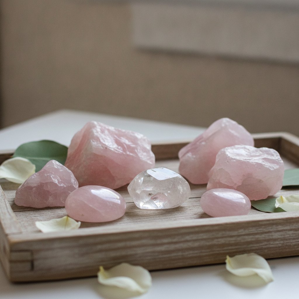 pierres de quartz rose sur un plateau
