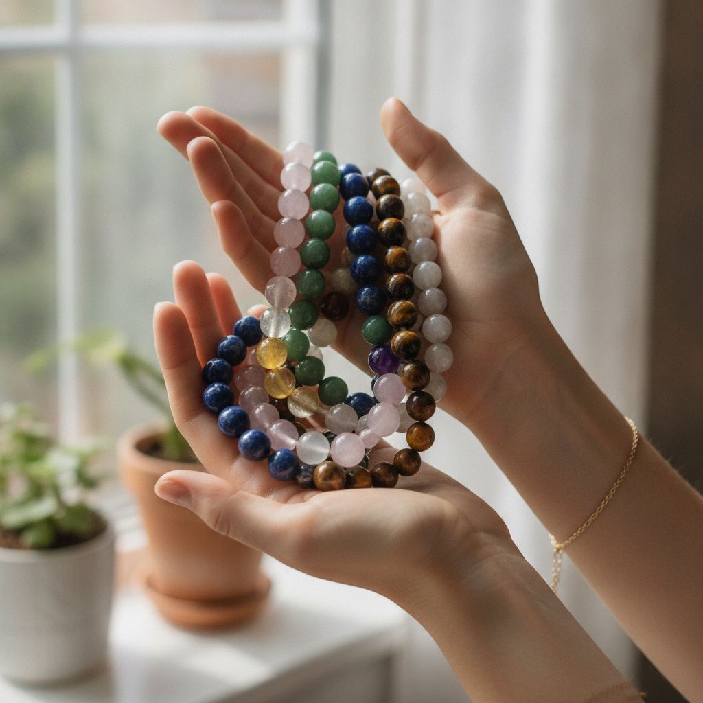 Mains examinant plusieurs bracelets en pierres naturelles colorées à la lumière
