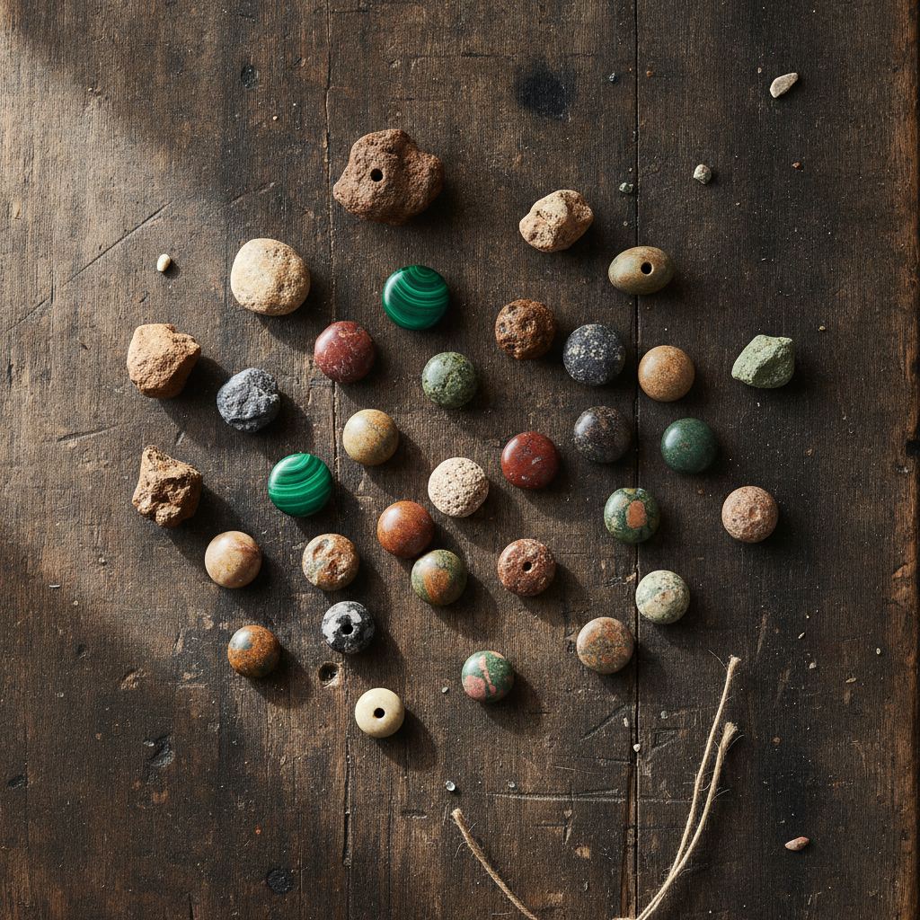 Assortiment de perles de pierres naturelles brutes et polies sur un plan de travail