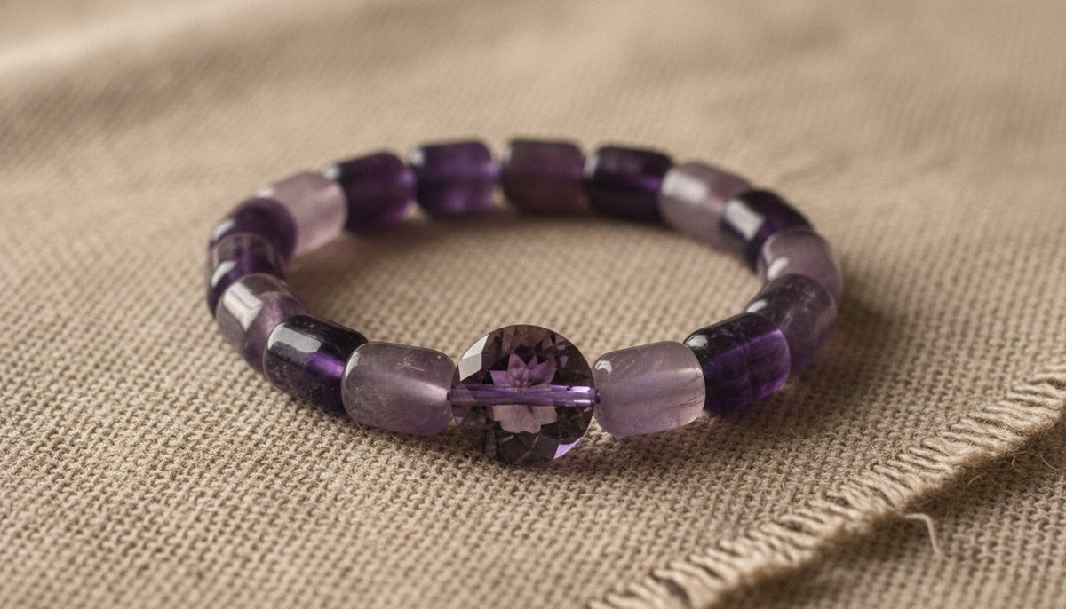 bracelet en perles d amethyste violette pose sur un tissu naturel
