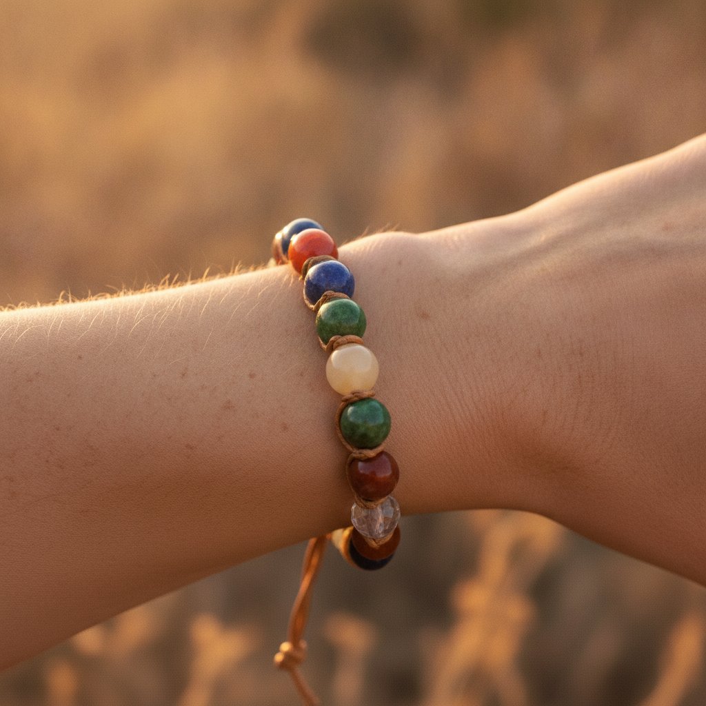 bracelet en perles de pierres naturelles porté au poignet