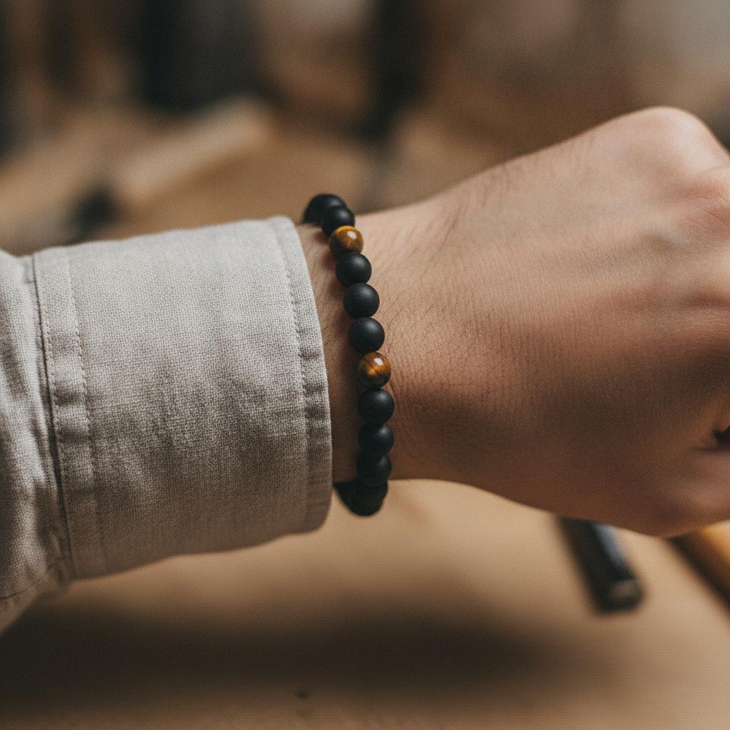 bracelet pierre naturelle homme onyx et oeil de tigre porte au poignet