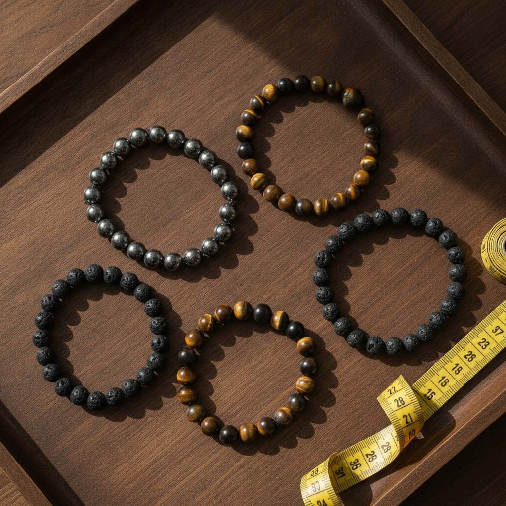 bracelets pierres naturelles homme lave hematite oeil de tigre avec metre de bijoutier