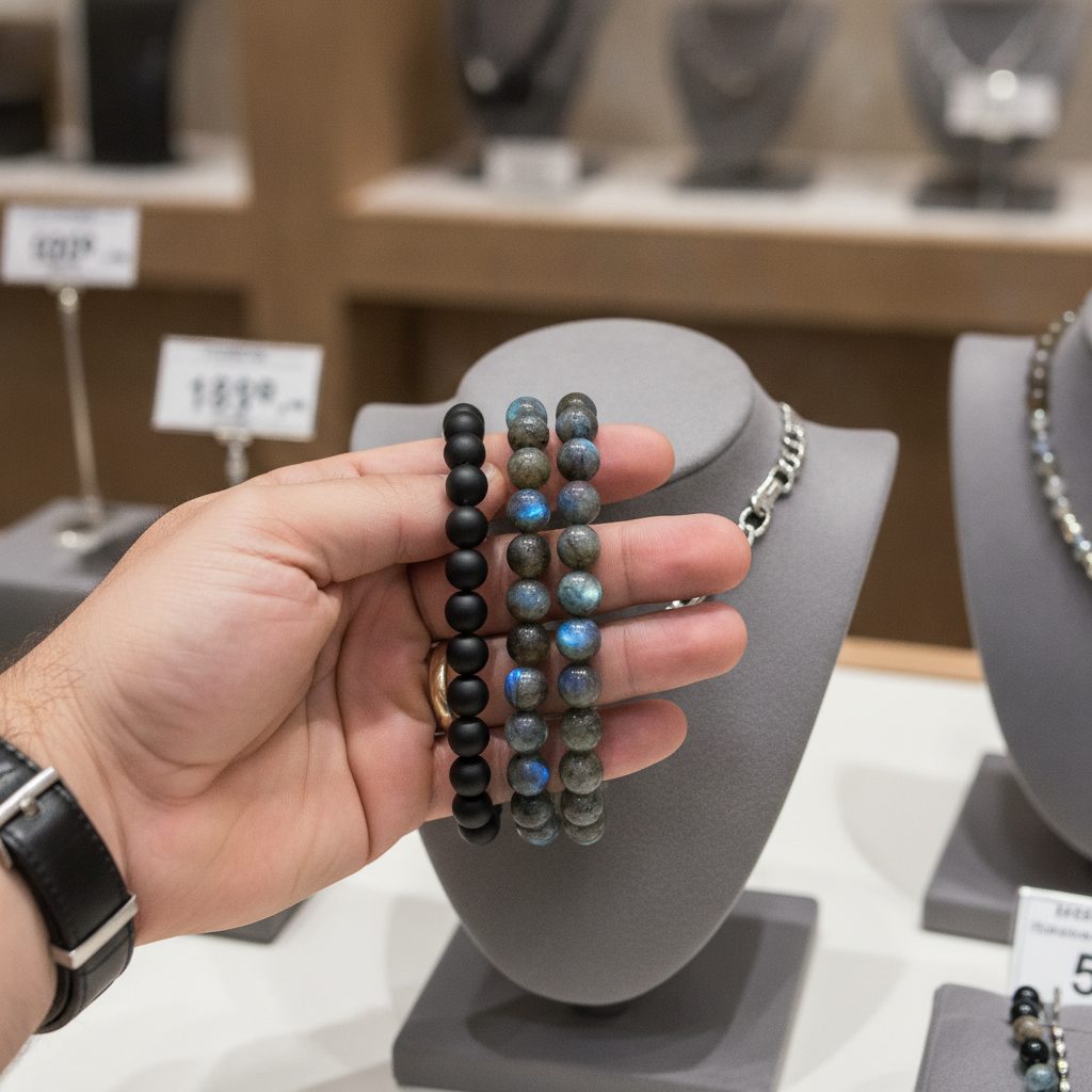 choix d'un bracelet pierre naturelle homme en boutique entre onyx et labradorite