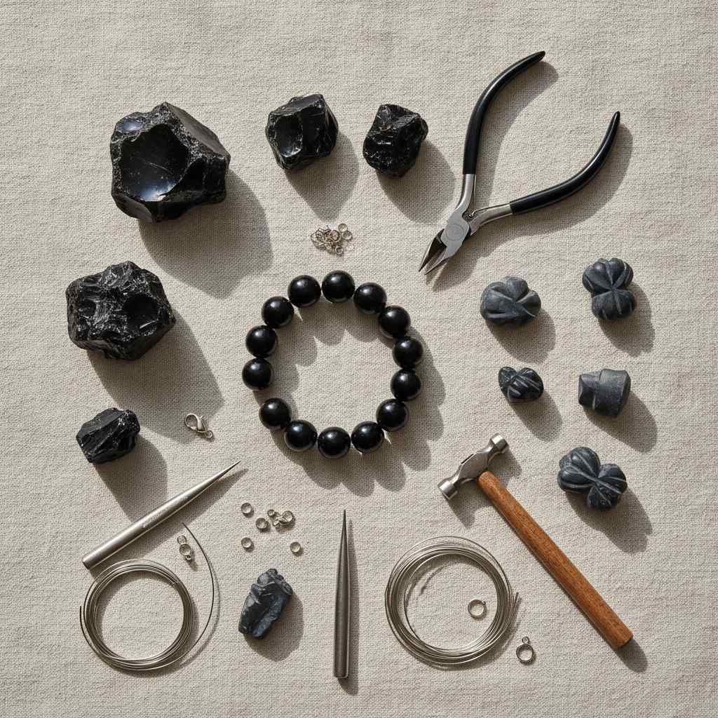 Assortiment de pierres noires brutes et polies pour lithothérapie