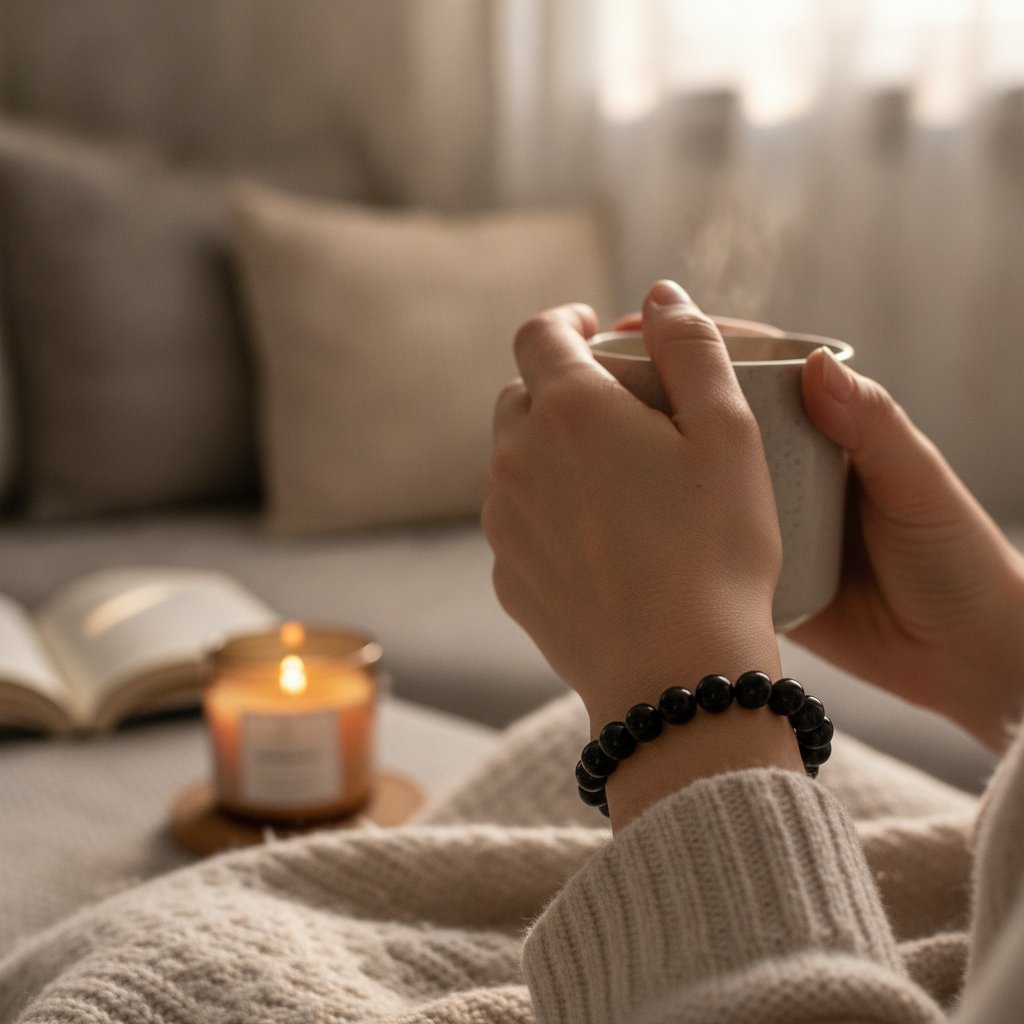 Femme portant un bracelet en tourmaline noire au poignet