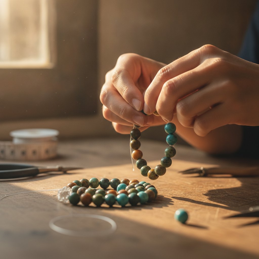 fabrication artisanale d'un bracelet avec des perles de pierre naturelle et un fil élastique