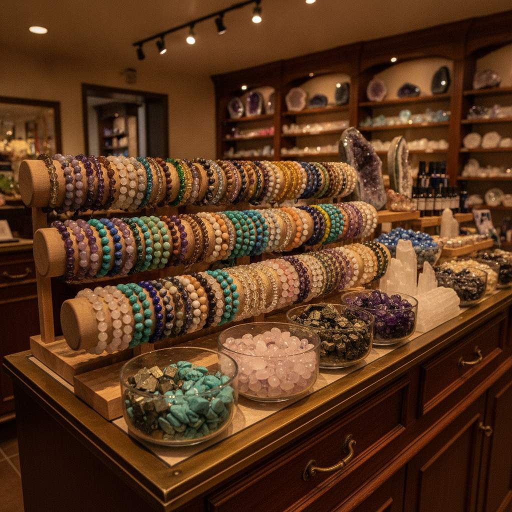 étal de boutique lithothérapie présentant des perles et bracelets en pierres naturelles