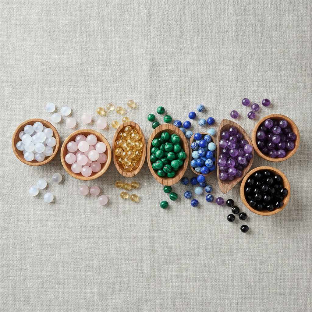 perles de pierres naturelles triées par couleur dans des bols pour bracelet lithothérapie