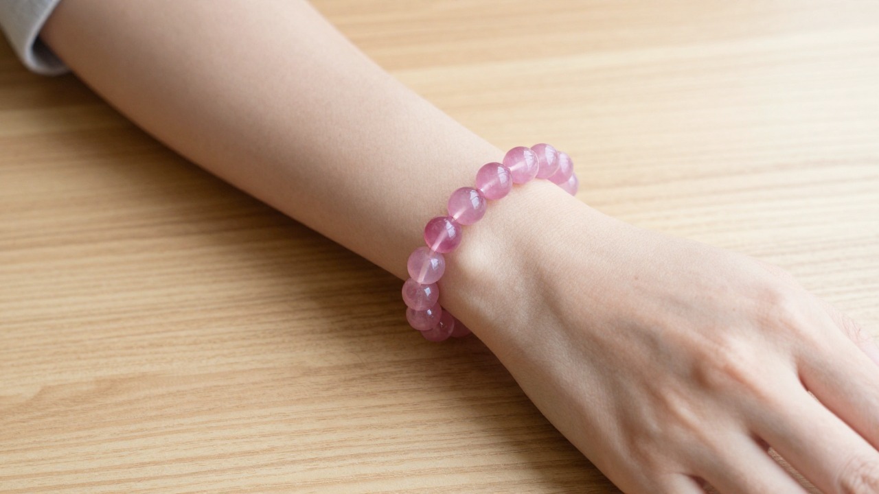 Poignet portant un bracelet de perles en quartz rose posé sur une table en bois