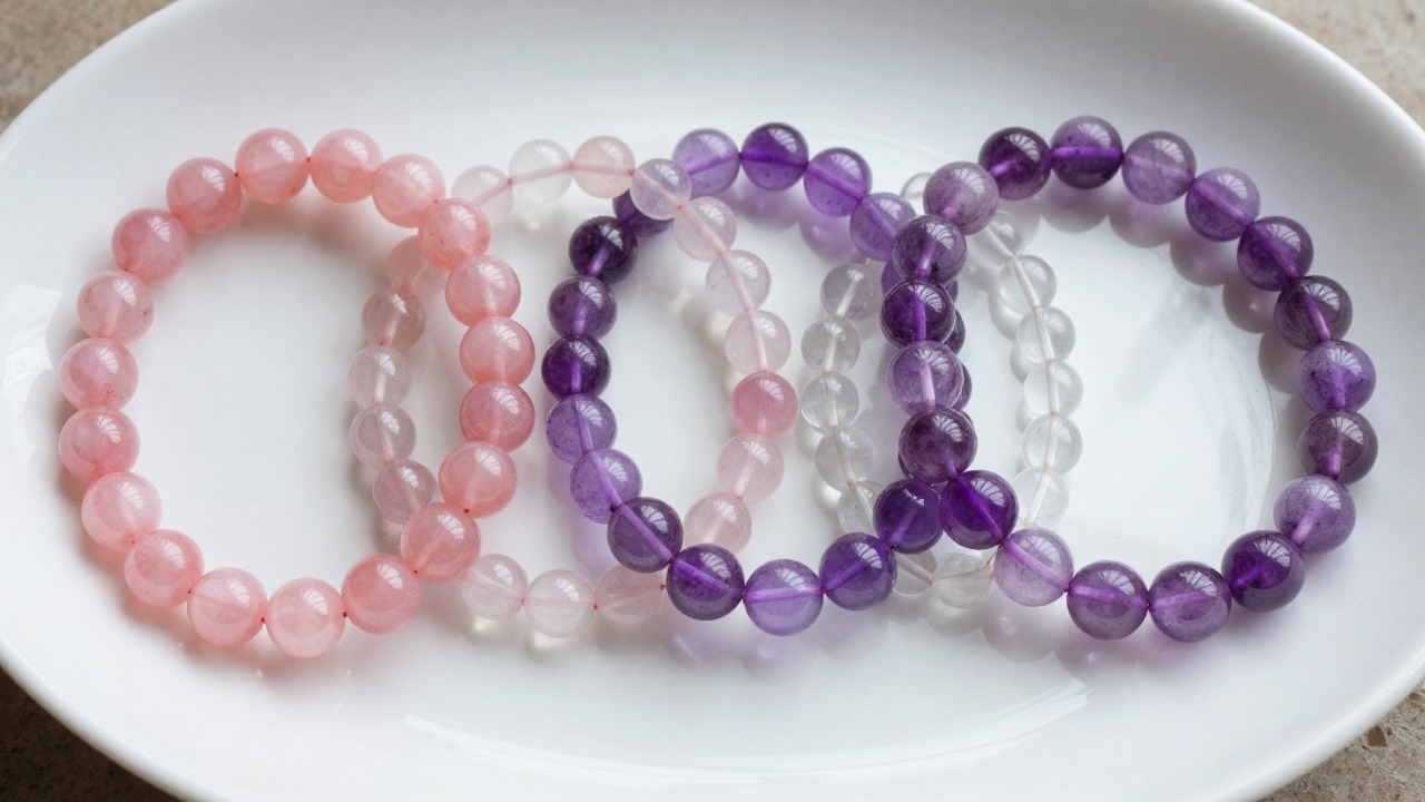 Bracelets de perles roses, violettes et transparentes alignés dans une coupelle