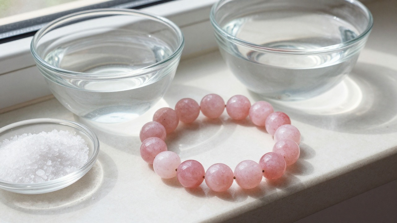Bracelet en quartz rose posé près d un bol d eau et de sel pour l entretien
