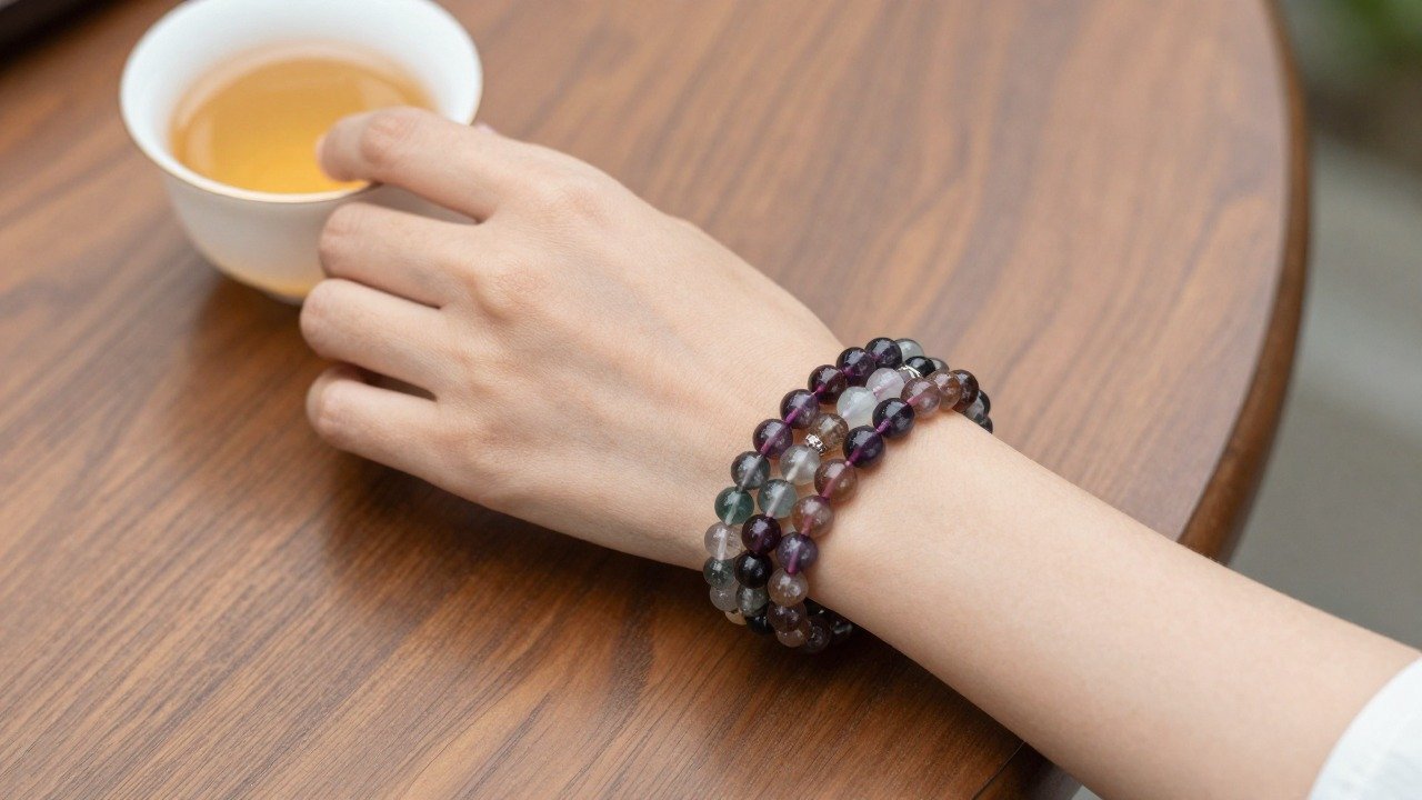 Woman's wrist wearing a layered set of beaded gemstone bracelets resting on a wooden table next to a cup of tea