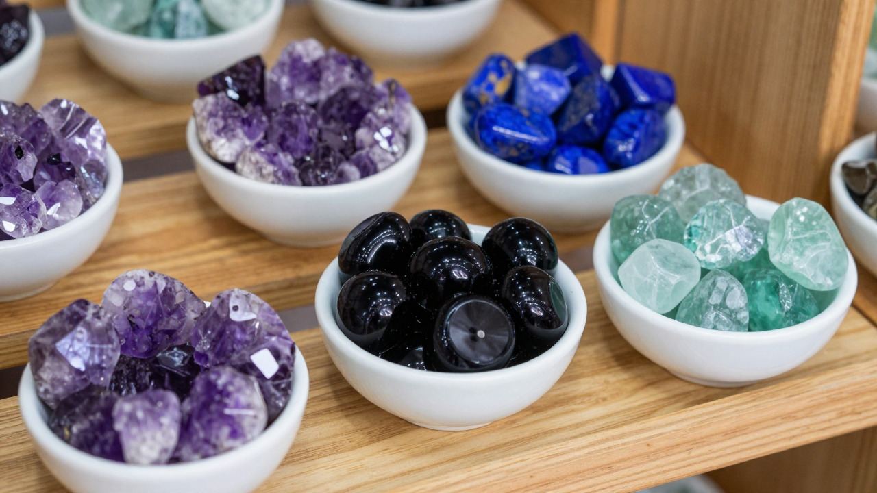 Assorted raw and polished gemstones in small bowls on a wooden shelf, amethyst, lapis lazuli, black onyx, green aventurine