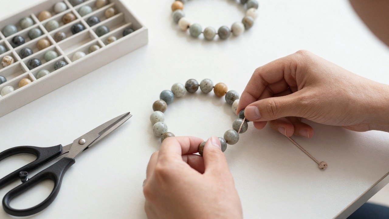 Hands stringing round stone beads on an elastic cord on a craft table with scissors and a bead tray